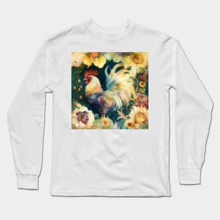 Cute Watercolor Floral Rooster, Farm Animal Long Sleeve T-Shirt